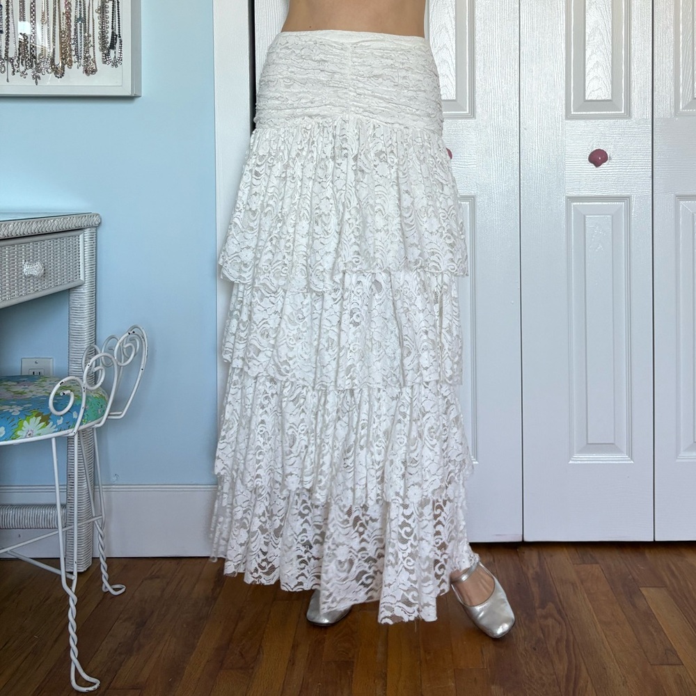 LoveShackFancy White Lace Tiered Maxi Skirt